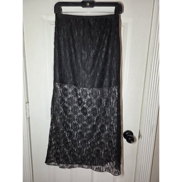 GLG Black Lace Maxi Skirt W Left Thigh-High Side Slit Pull On Whimsigoth S - Picture 2 of 5